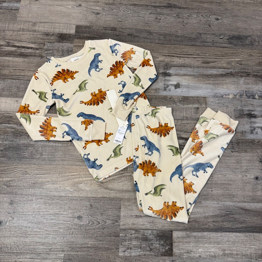 NWT Carter's Kid's Size 12 Tan Dinosaur Print Pajama Set